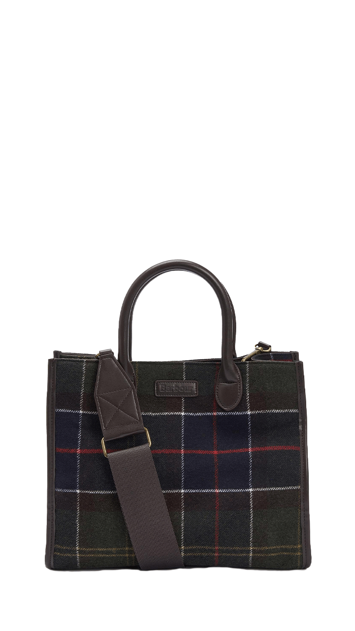 Barbour Barrhill tartan tote bag with leather handles and adjustable strap, featuring zipper compartment and magnetic closure.