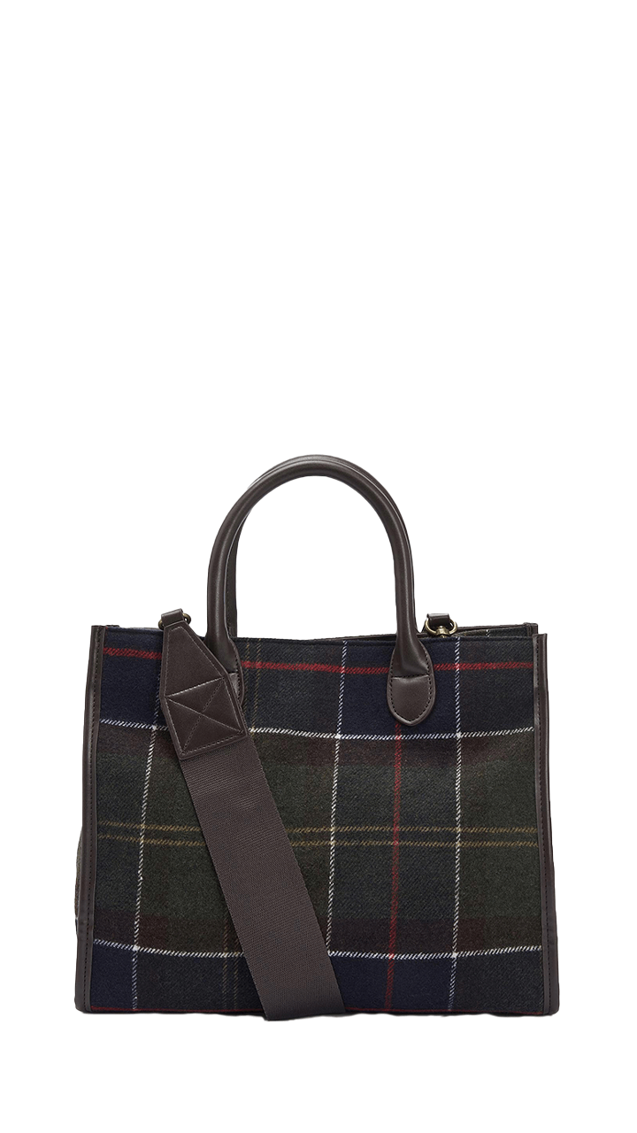 Barbour Barrhill tote bag in tartan wool effect with leather handles and removable adjustable strap.