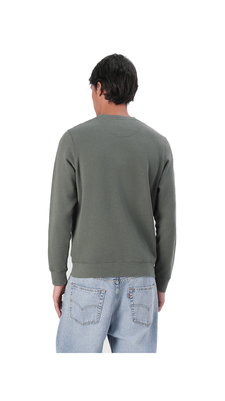 Back view of a man wearing the Barbour Essential Prep Logo Crew sweatshirt in green, showcasing its vintage design.