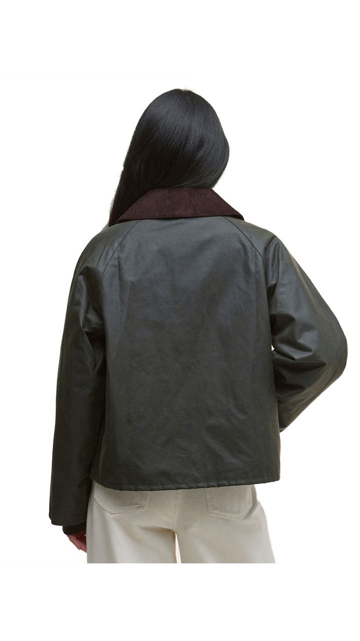 Women’s Barbour Arlene Wax Jacket in dark green with contrasting collar, showcasing stylish back view.