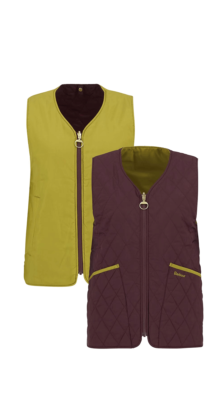 Barbour My Barbour Reversible Liner vest in green and burgundy colors, featuring quilted design and pockets.