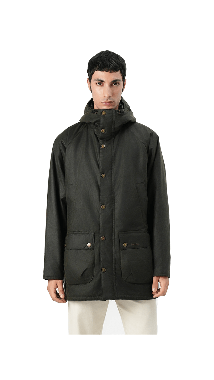 Barbour Bedale Parka in dark color, featuring a hood and multiple pockets for outdoor protection.