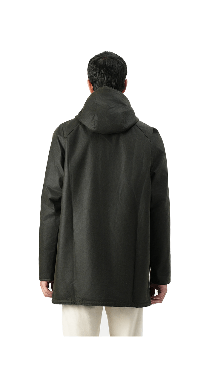 Barbour Bedale Parka jacket back view showing hood and durable design in dark color.