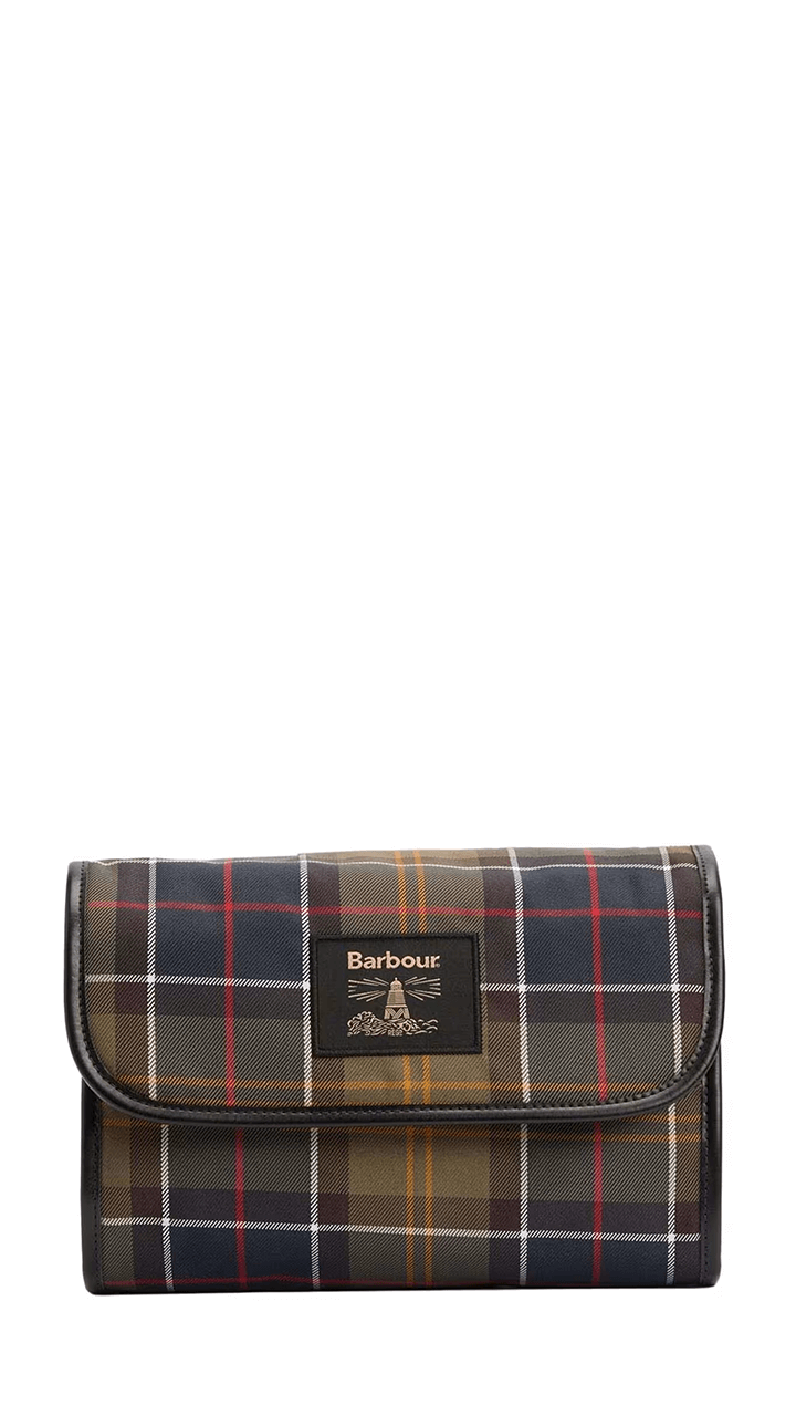 Barbour Tartan Hanging Washbag with classic tartan pattern and leather-like finishes, ideal for travel and organization.