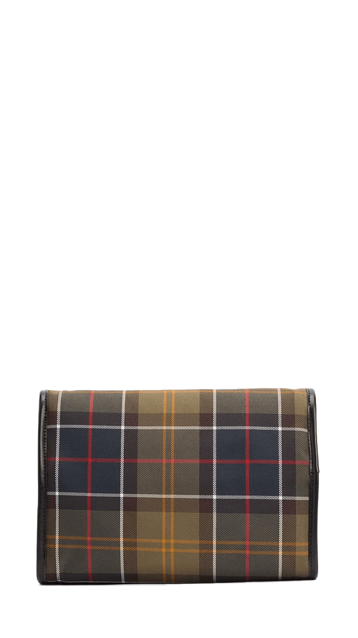 Barbour Tartan Hanging Washbag with elegant tartan design and faux leather finish, ideal for travel essentials.